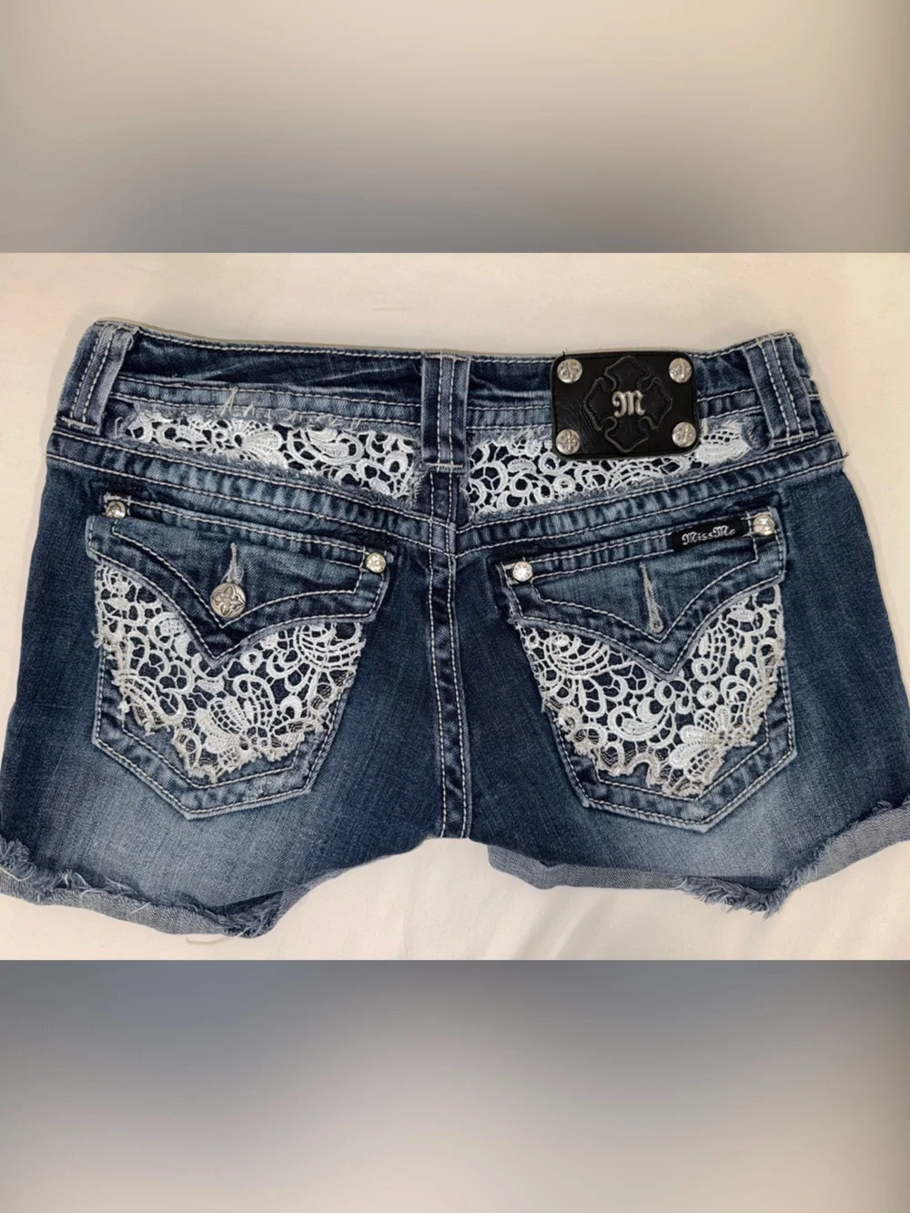 Y2K Miss Me Dark Indigo Embroidered Waist Denim Shorts